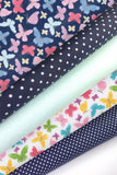 5x Polycotton Fat Quarter Fabric Bundle | Butterflies Navy Mint Kids Spotty Plain