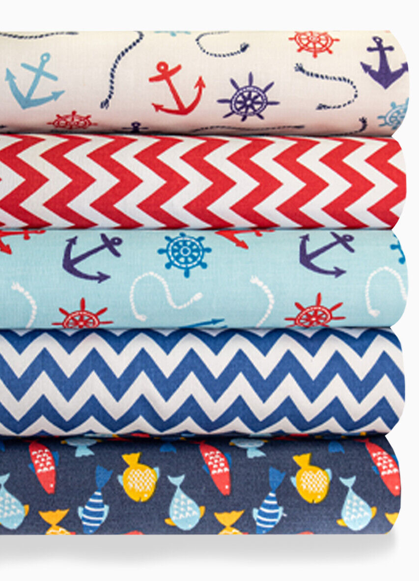 5x Polycotton Fat Quarter Fabric Bundle | Sea Life Kids Anchors Spotty Stripes Plain - Tailortime