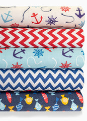 5x Polycotton Fat Quarter Fabric Bundle | Sea Life Kids Anchors Spotty Stripes Plain