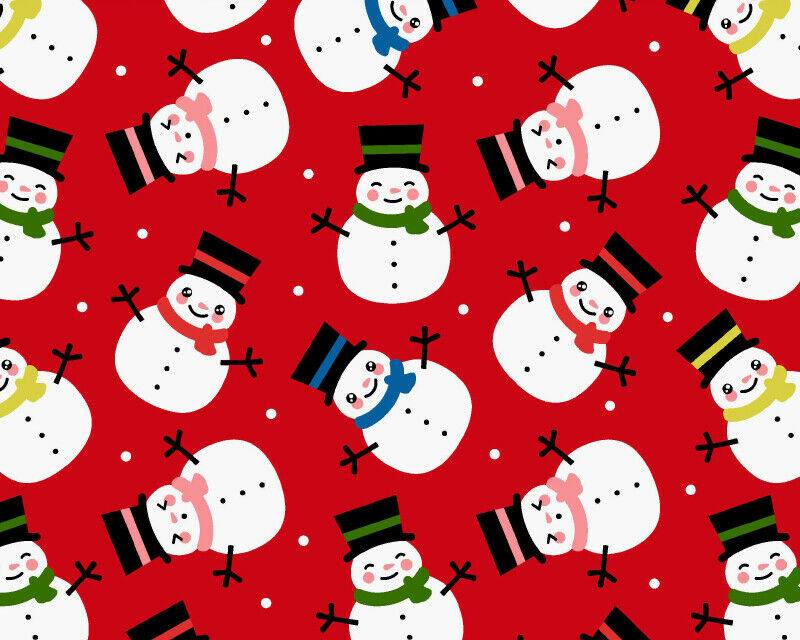 Smiley Snowman Red Green Sky Christmas Designs Fabric Polycotton : Half Meter