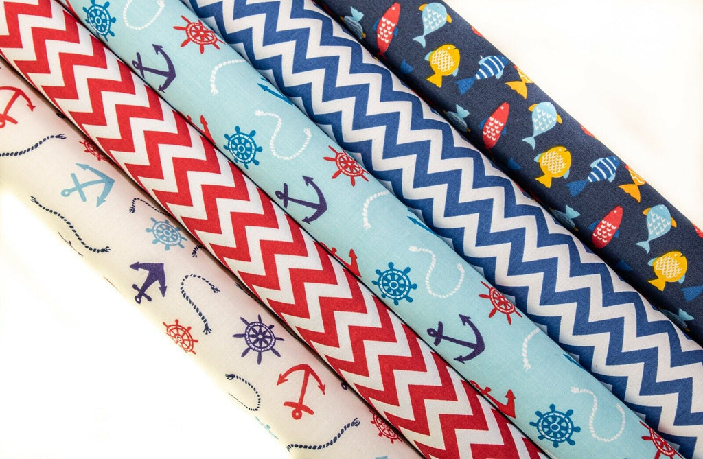 5x Polycotton Fat Quarter Fabric Bundle | Sea Life Kids Anchors Spotty Stripes Plain - Tailortime