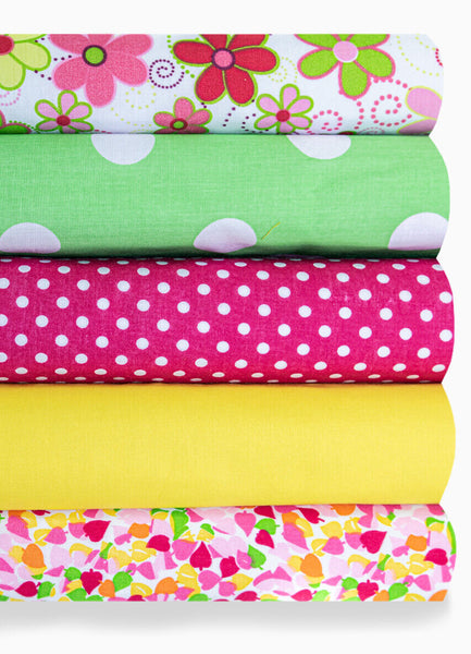 5x Polycotton Fat Quarter Fabric Bundle | Retro Brights Kids Spotty Floral Plain