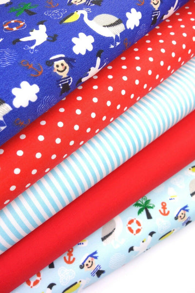 5x Polycotton Fat Quarter Fabric Bundle | Pirates Birds Kids Spotty Stripes Plain