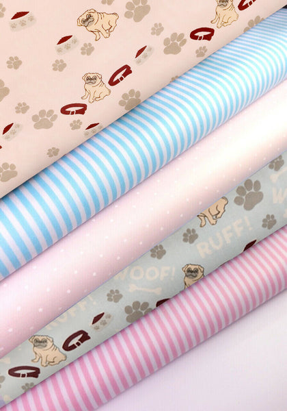 5x Polycotton Fat Quarter Fabric Bundle | Pugs Pink Blue Kids Spotty Stripes Dogs