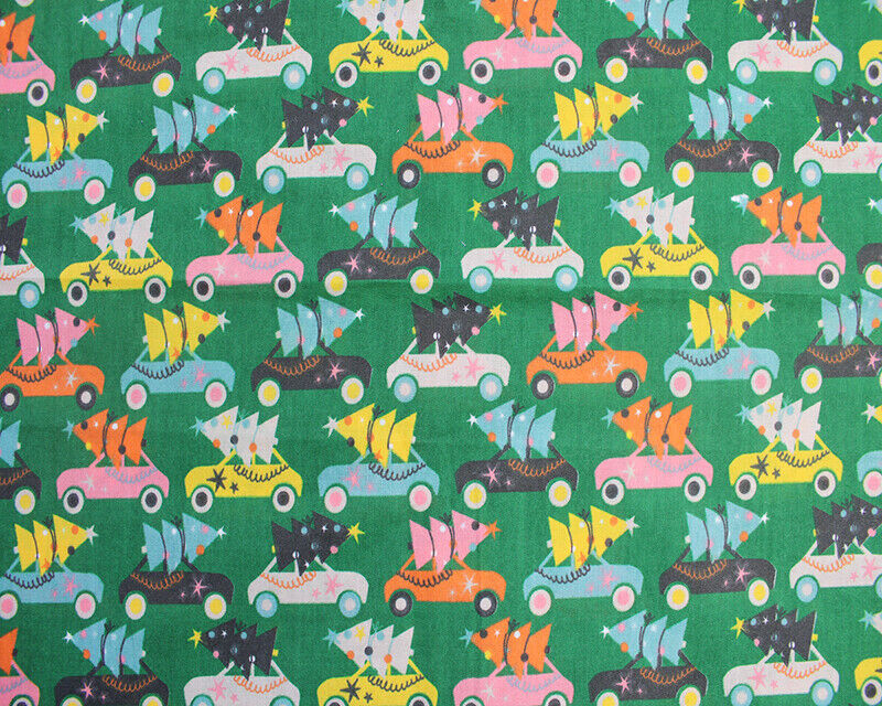 Driving To Christmas Olive Mustard Grey Designs Fabric Polycotton : Half Meter