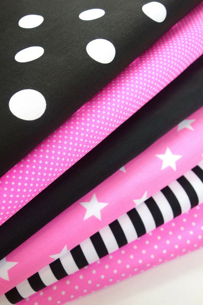 6 x Polycotton Fat Quarter Fabric Bundle | Pink Black Geometrics Stars Stripes Plain Spotty