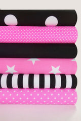 6 x Polycotton Fat Quarter Fabric Bundle | Pink Black Geometrics Stars Stripes Plain Spotty