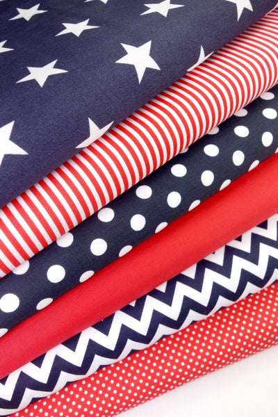 6 x Polycotton Fat Quarter Fabric Bundle | Red Navy Geometrics Stars Stripes Plain Spotty