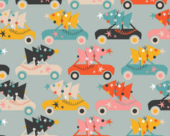 Driving To Christmas Olive Mustard Grey Designs Fabric Polycotton : Half Meter