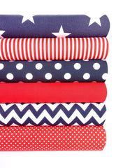 6 x Polycotton Fat Quarter Fabric Bundle | Red Navy Geometrics Stars Stripes Plain Spotty