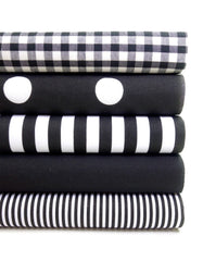 5 x Polycotton Fat Quarter Fabric Bundle | Black White Geometrics Gingham Stripes Plain Spotty