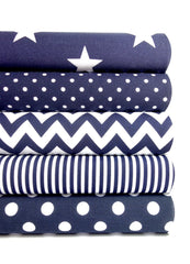 5 x Polycotton Fat Quarter Fabric Bundle | Navy Geometrics Stars Stripes Spotty