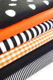 6 x Polycotton Fat Quarter Fabric Bundle | Black Orange Geometrics Gingham Stripes Spotty Plain