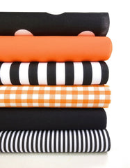 6 x Polycotton Fat Quarter Fabric Bundle | Black Orange Geometrics Gingham Stripes Spotty Plain