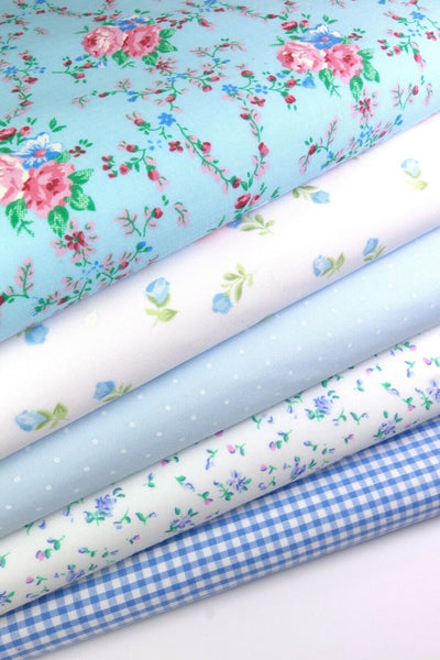 5 x Polycotton Fat Quarter Fabric Bundle | Blue Floral Vintage Gingham & Spotty