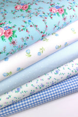 5 x Polycotton Fat Quarter Fabric Bundle | Blue Floral Vintage Gingham & Spotty