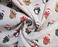 Penguins In Snow Sky Beige Silver Designs Christmas Fabric Polycotton : Half Meter