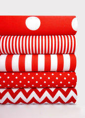 5 x Polycotton Fat Quarter Fabric Bundle | Red Geometrics Stripes Spotty