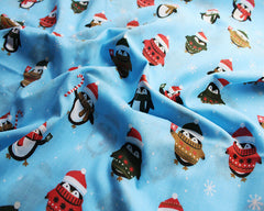 Penguins In Snow Sky Beige Silver Designs Christmas Fabric Polycotton : Half Meter