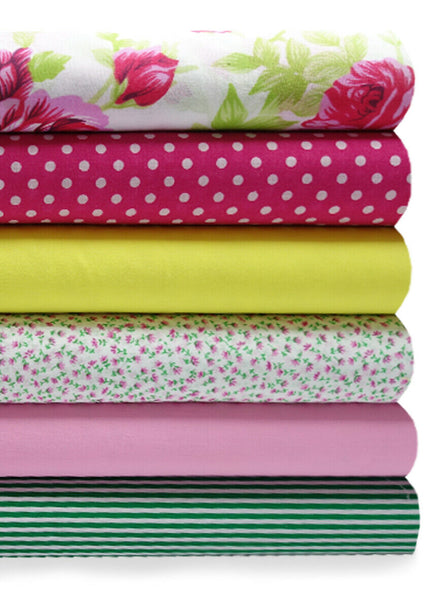 6 x Polycotton Fat Quarter Fabric Bundle | Roses Lime Green Pink Pale Spotty Plain Stripes