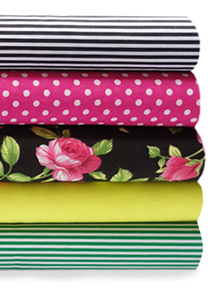 5 x Polycotton Fat Quarter Fabric Bundle | Roses Cerise Black Pink Spotty Plain Stripes