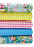 5 x Polycotton Fat Quarter Fabric Bundle | Vintage Roses Blue Light Colour Gingham Plain