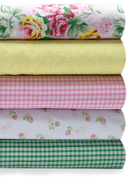 5x Polycotton Fat Quarter Fabric Bundle | Pale Pink Rose Floral Gingham Plain