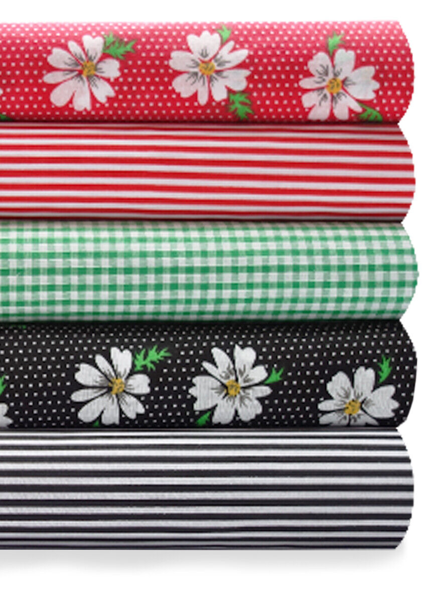 5 x Polycotton Fat Quarter Fabric Bundle | Red Black Daisies Stripes Spotty Gingham Floral