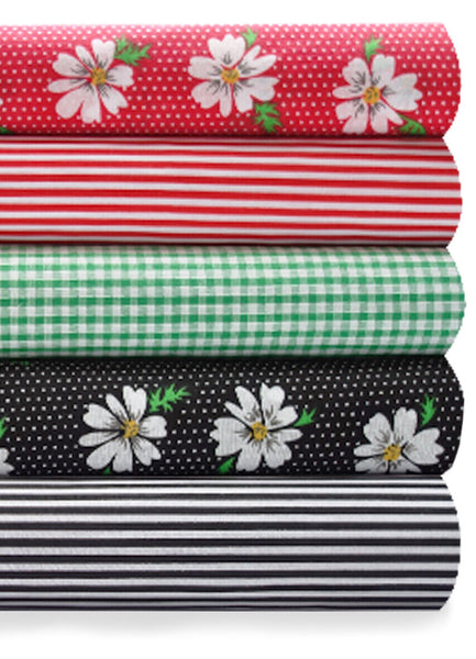 5 x Polycotton Fat Quarter Fabric Bundle | Red Black Daisies Stripes Spotty Gingham Floral