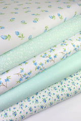 5 x Polycotton Fat Quarter Fabric Bundle | Aqua White Floral Spotty