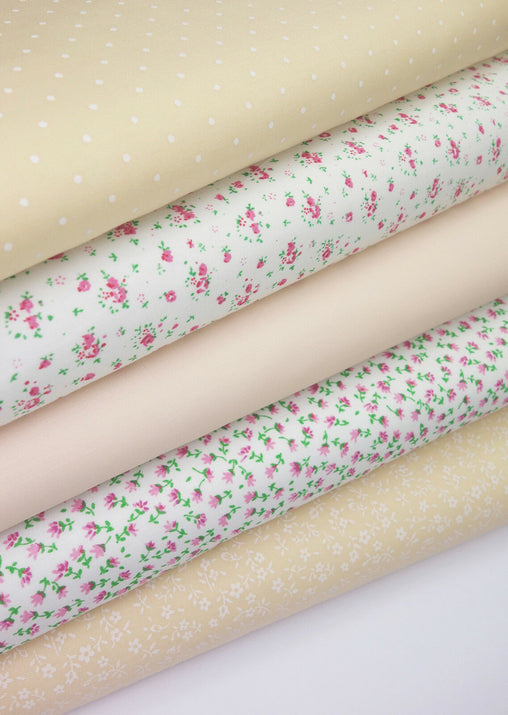 5 x Polycotton Fat Quarter Fabric Bundle | Peach White Floral Spotty Plain