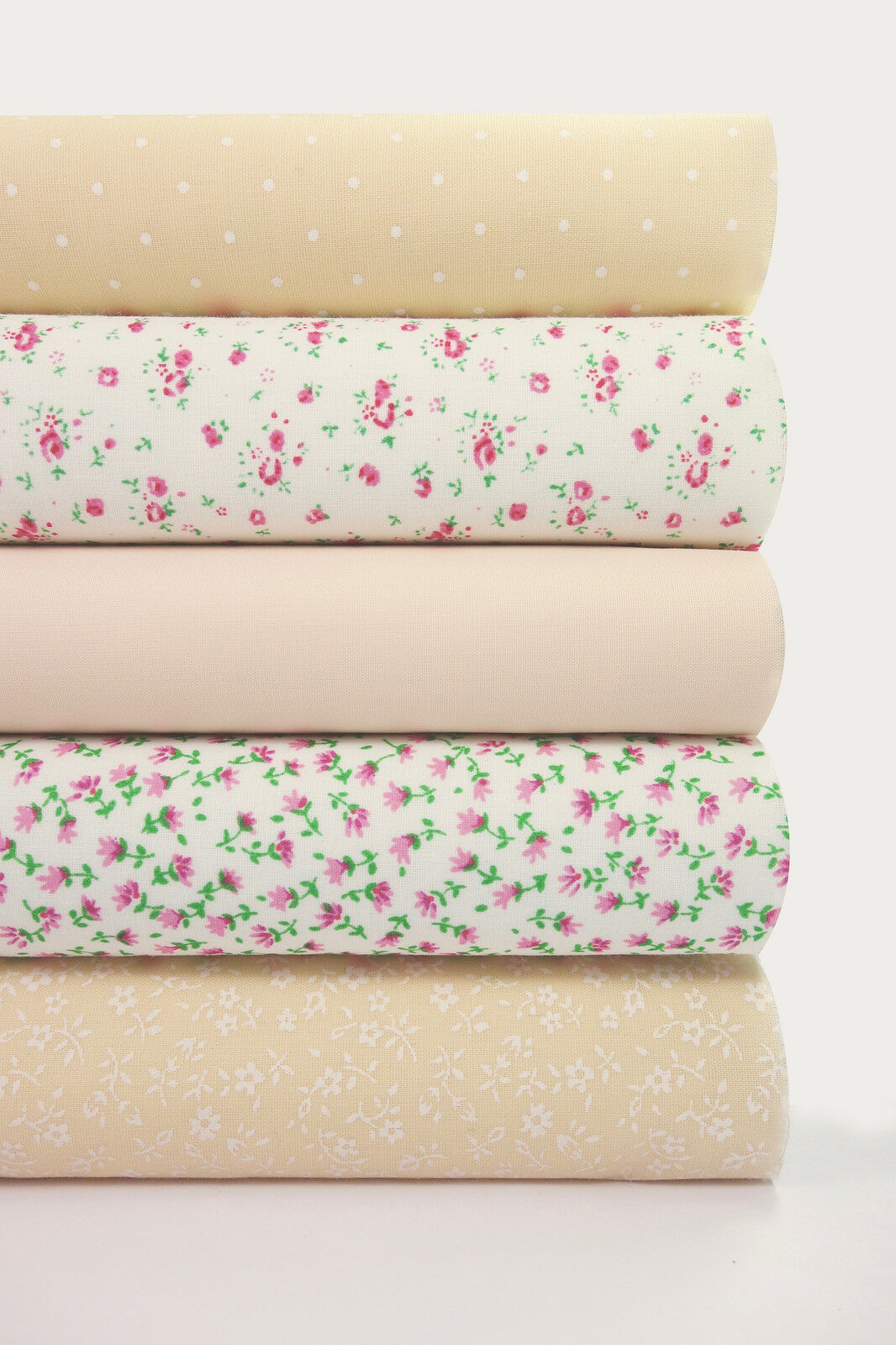 5 x Polycotton Fat Quarter Fabric Bundle | Peach White Floral Spotty Plain
