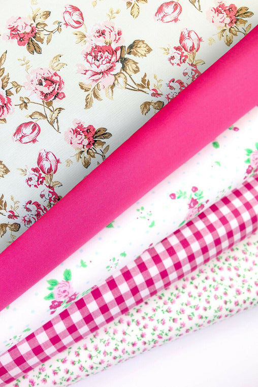 5 x Polycotton Fat Quarter Fabric Bundle | Cerise Pink White Floral Gingham Plain