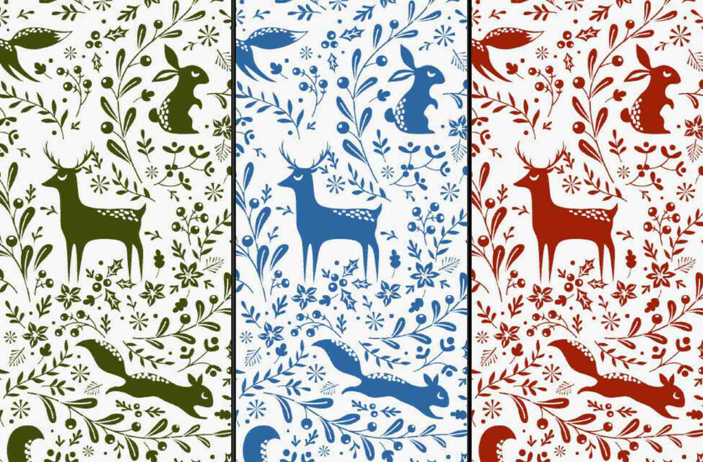 Prancing Forest Animals Red Green Blue Designs Christmas Fabric Polycotton : Half Meter