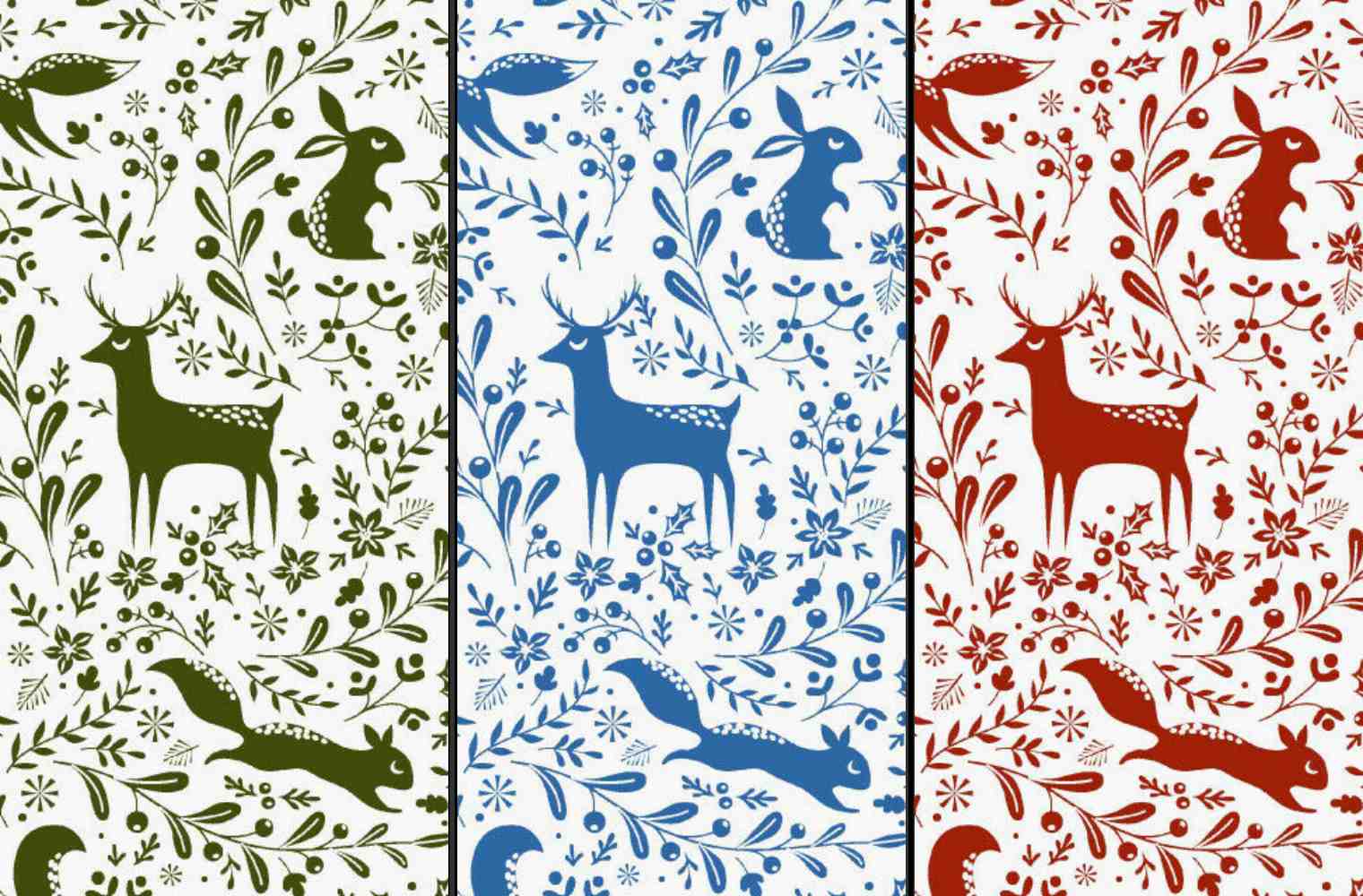 Prancing Forest Animals Red Green Blue Designs Christmas Fabric Polycotton : Half Meter