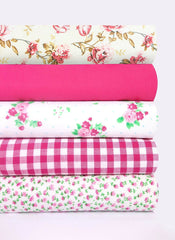 5 x Polycotton Fat Quarter Fabric Bundle | Cerise Pink White Floral Gingham Plain