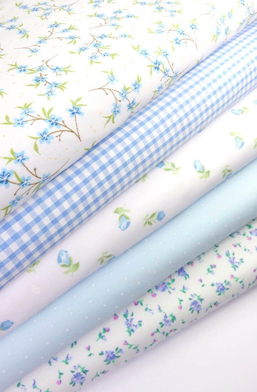 5 x Polycotton Fat Quarter Fabric Bundle | Blue White Floral Gingham Spotty