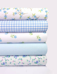 5 x Polycotton Fat Quarter Fabric Bundle | Blue White Floral Gingham Spotty