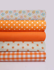 5 x Polycotton Fat Quarter Fabric Bundle | Orange White Stars Floral Gingham Spotty Plain