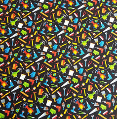 Mens Handyman Tools on Black Novelty Cotton Fabric - Vera Fabrics