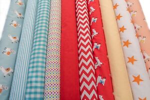 10 x Polycotton Fat Quarter Fabric Bundle | Llama Spotty Plain Stripes Gingham Stars - Tailortime