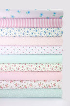 10 x Polycotton Fat Quarter Fabric Bundle | Aqua & Pink Floral Vintage Gingham & Spotty