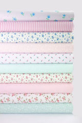 10 x Polycotton Fat Quarter Fabric Bundle | Aqua & Pink Floral Vintage Gingham & Spotty