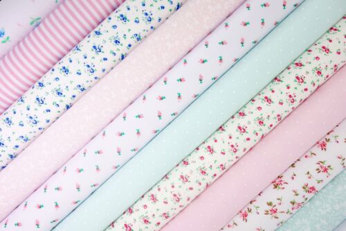 10 x Polycotton Fat Quarter Fabric Bundle | Aqua & Pink Floral Vintage Gingham & Spotty