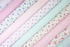 10 x Polycotton Fat Quarter Fabric Bundle | Aqua & Pink Floral Vintage Gingham & Spotty