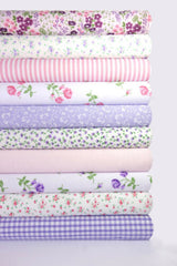 10 x Polycotton Fat Quarter Fabric Bundle | Lilac & Pink Floral Vintage Gingham & Spotty