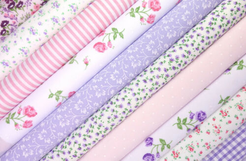 10 x Polycotton Fat Quarter Fabric Bundle | Lilac & Pink Floral Vintage Gingham & Spotty