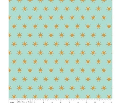 Mint Green with Gold Sparkle Metallic Stars Cotton Fabric - Vera Fabrics