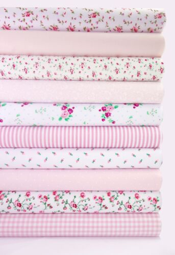 10 x Polycotton Fat Quarter Fabric Bundle | Pink Floral Vintage Gingham & Spotty