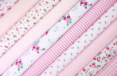 10 x Polycotton Fat Quarter Fabric Bundle | Pink Floral Vintage Gingham & Spotty